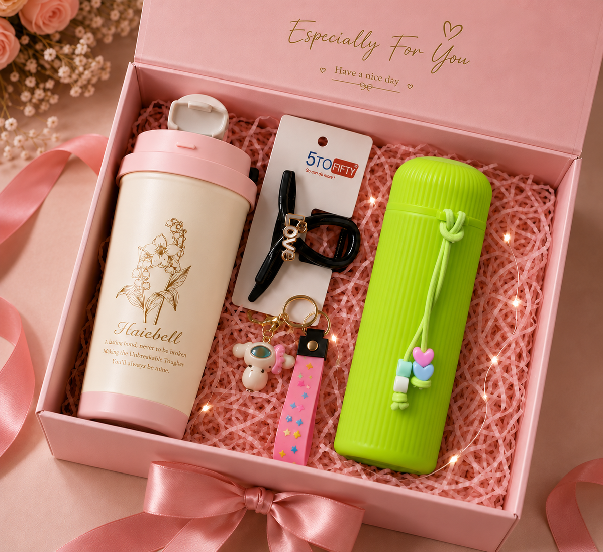 Pink tumbler & Green flask