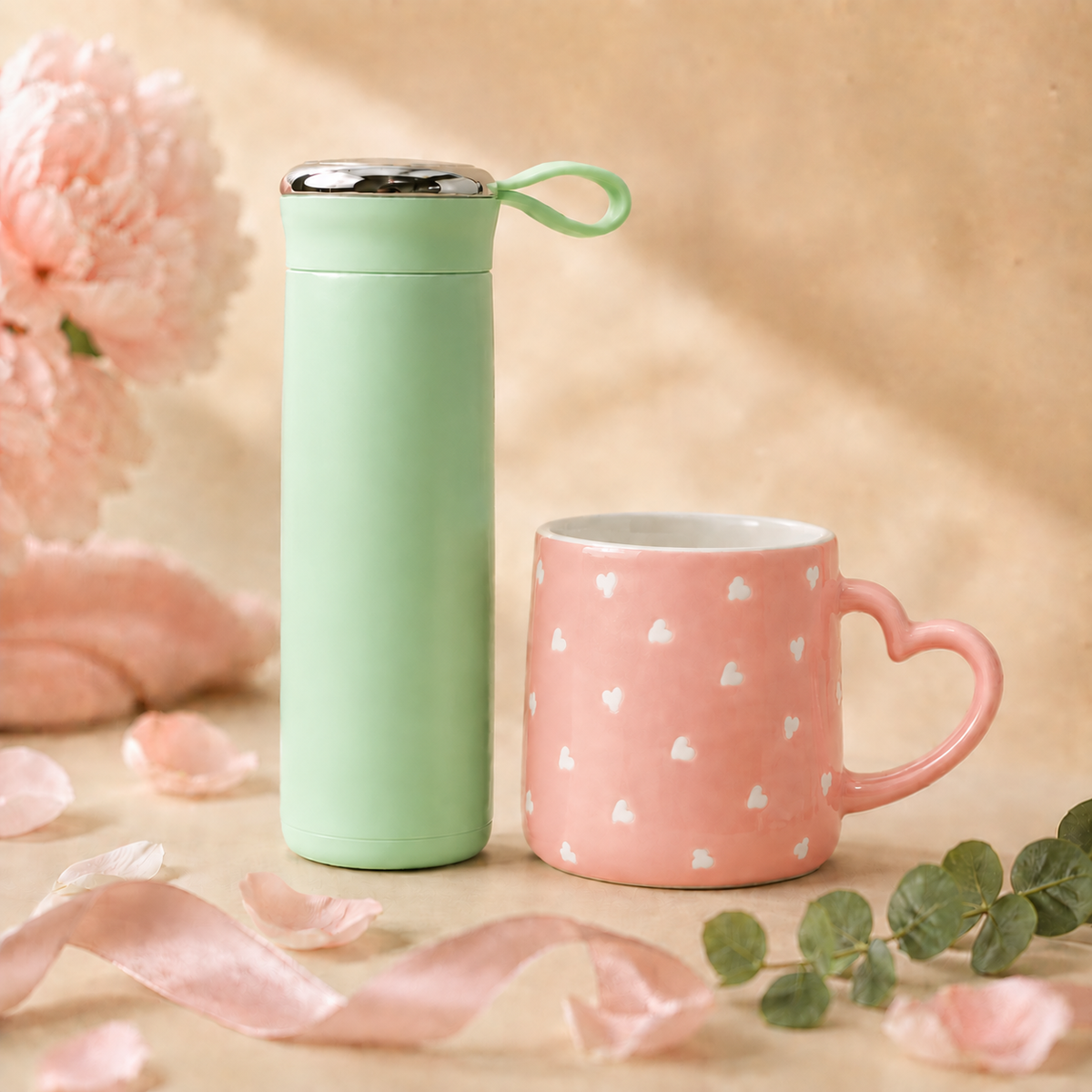 Bottle & Mug Gift Duo - Green bottle, Pink mug