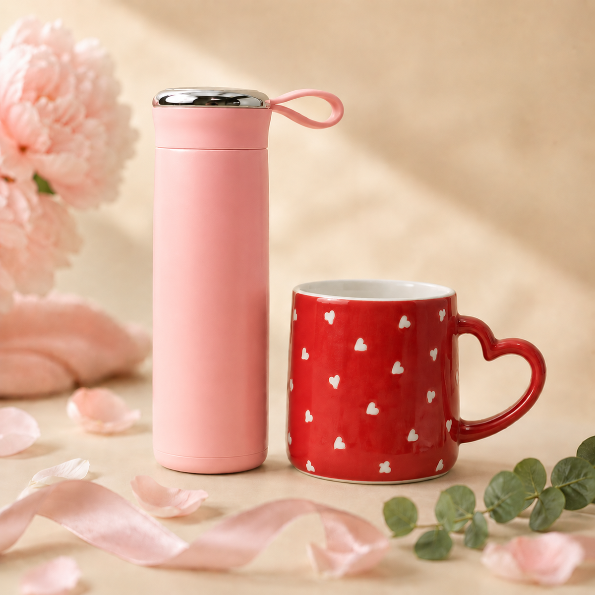 Bottle & Mug Gift Duo - Pink bottle, Red mug