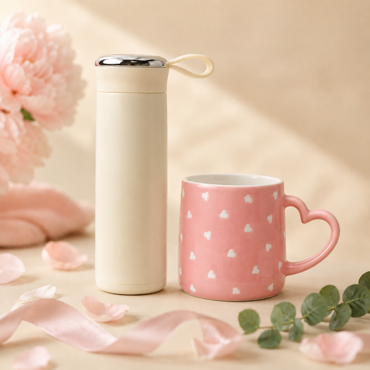 Bottle & Mug Gift Duo - White bottle, Pink mug