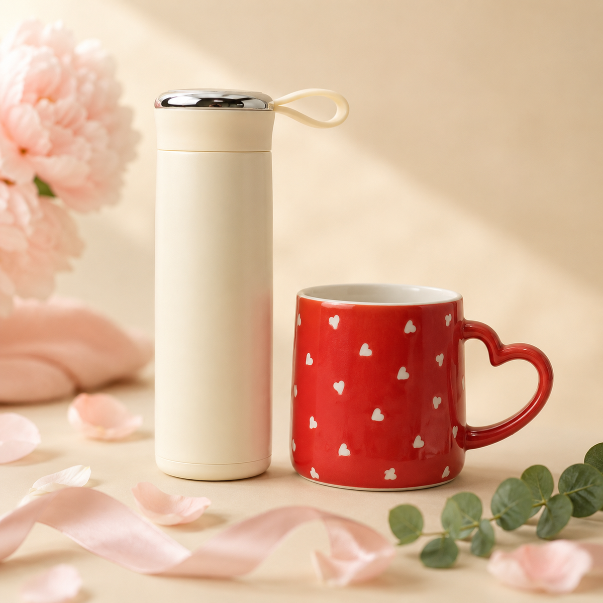 Bottle & Mug Gift Duo - White bottle, Red mug