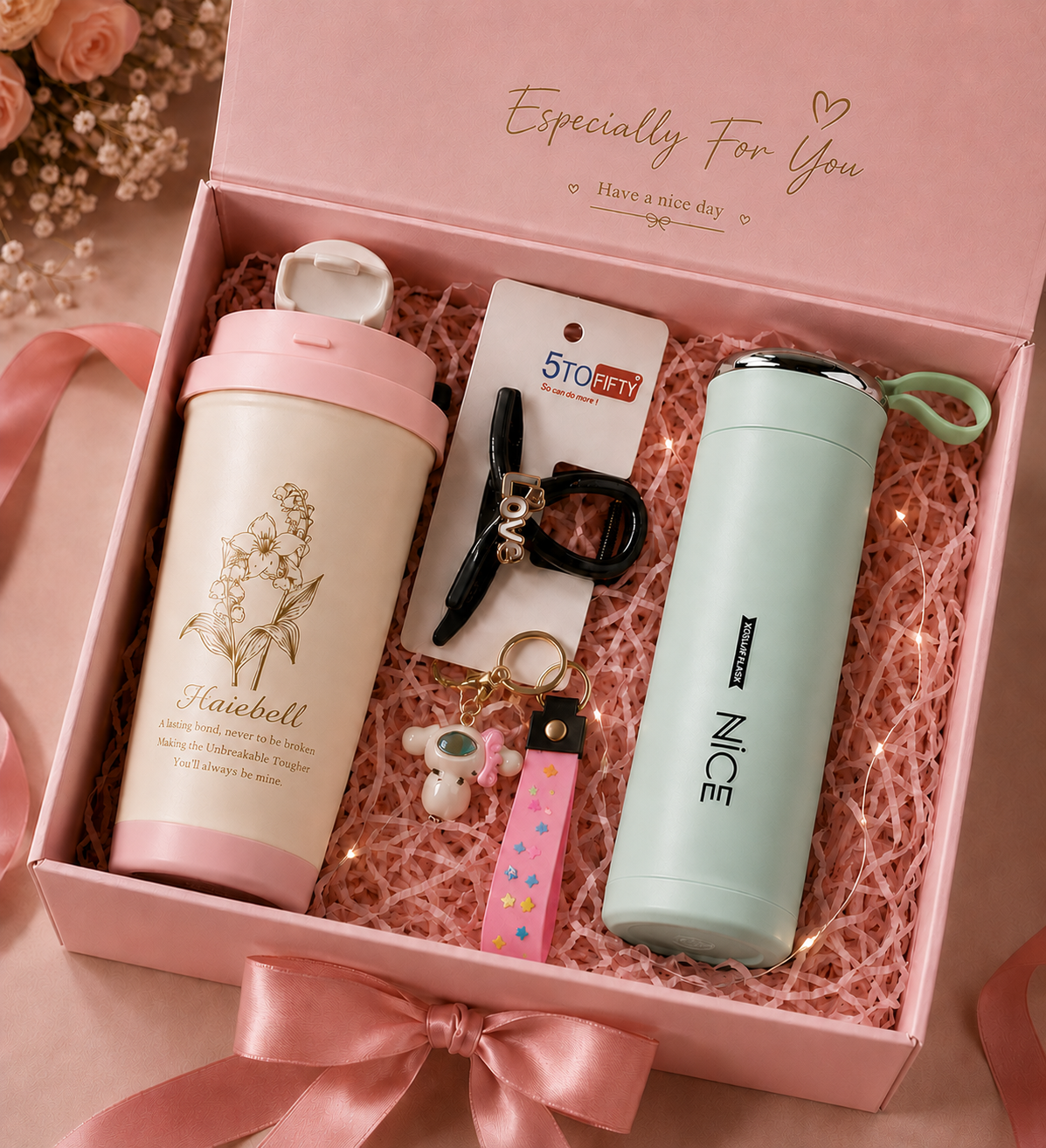 Especially For You gift box Pink tumbler Green flask