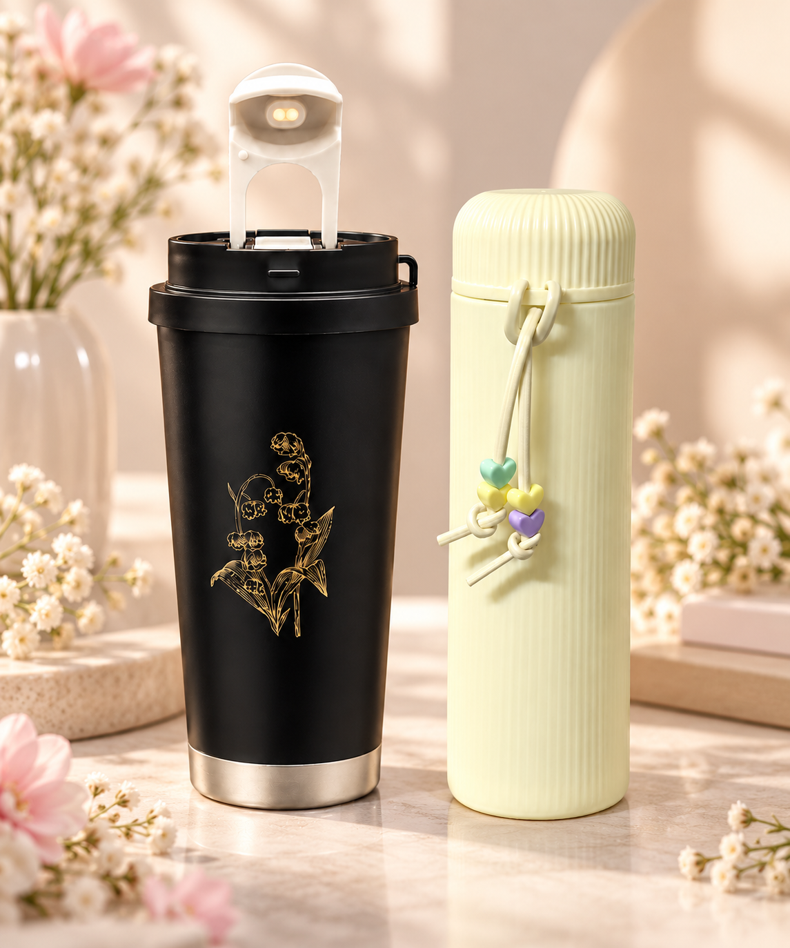 Black tumbler & Cream flask