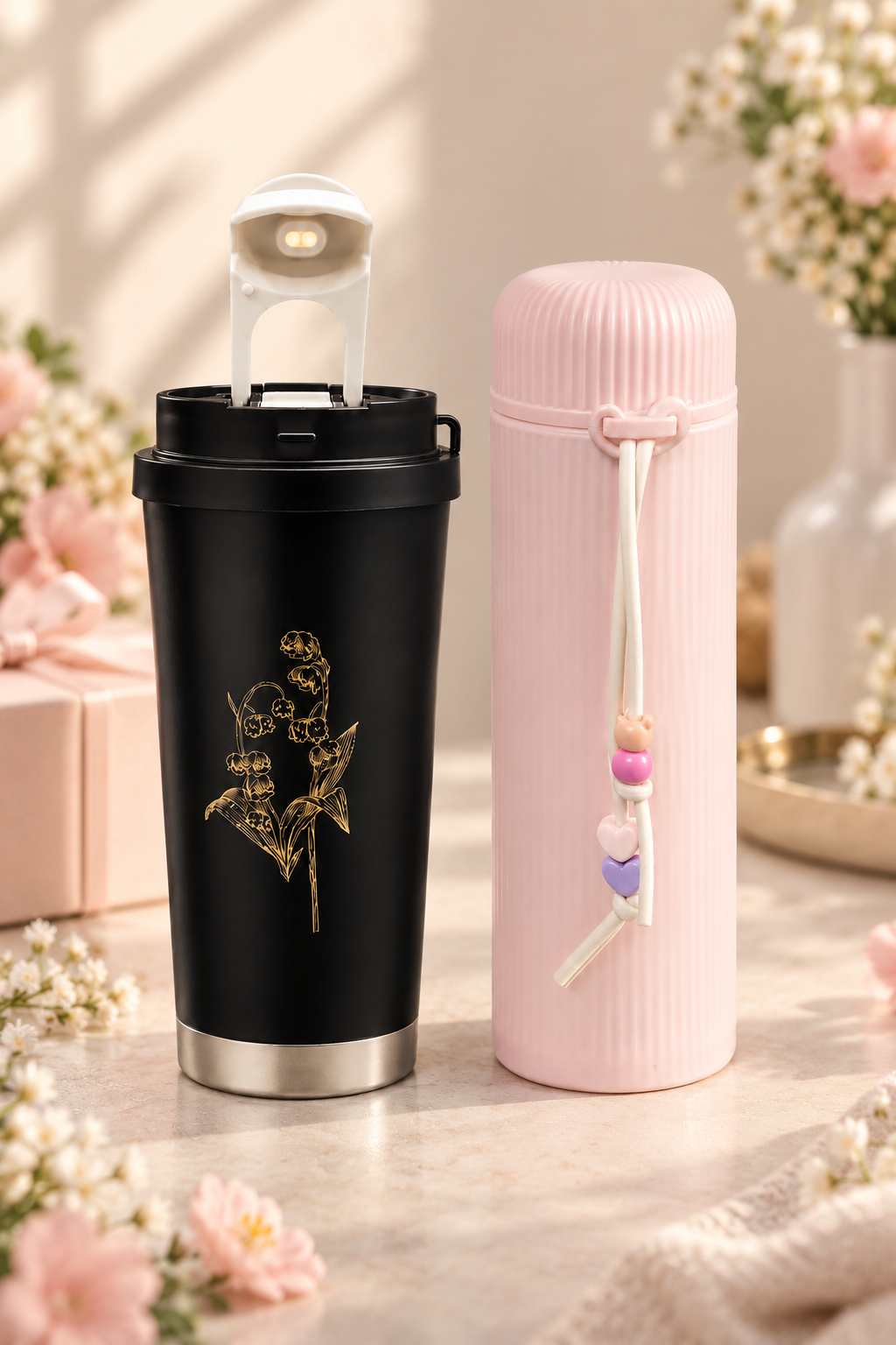 Black tumbler & Pink flask