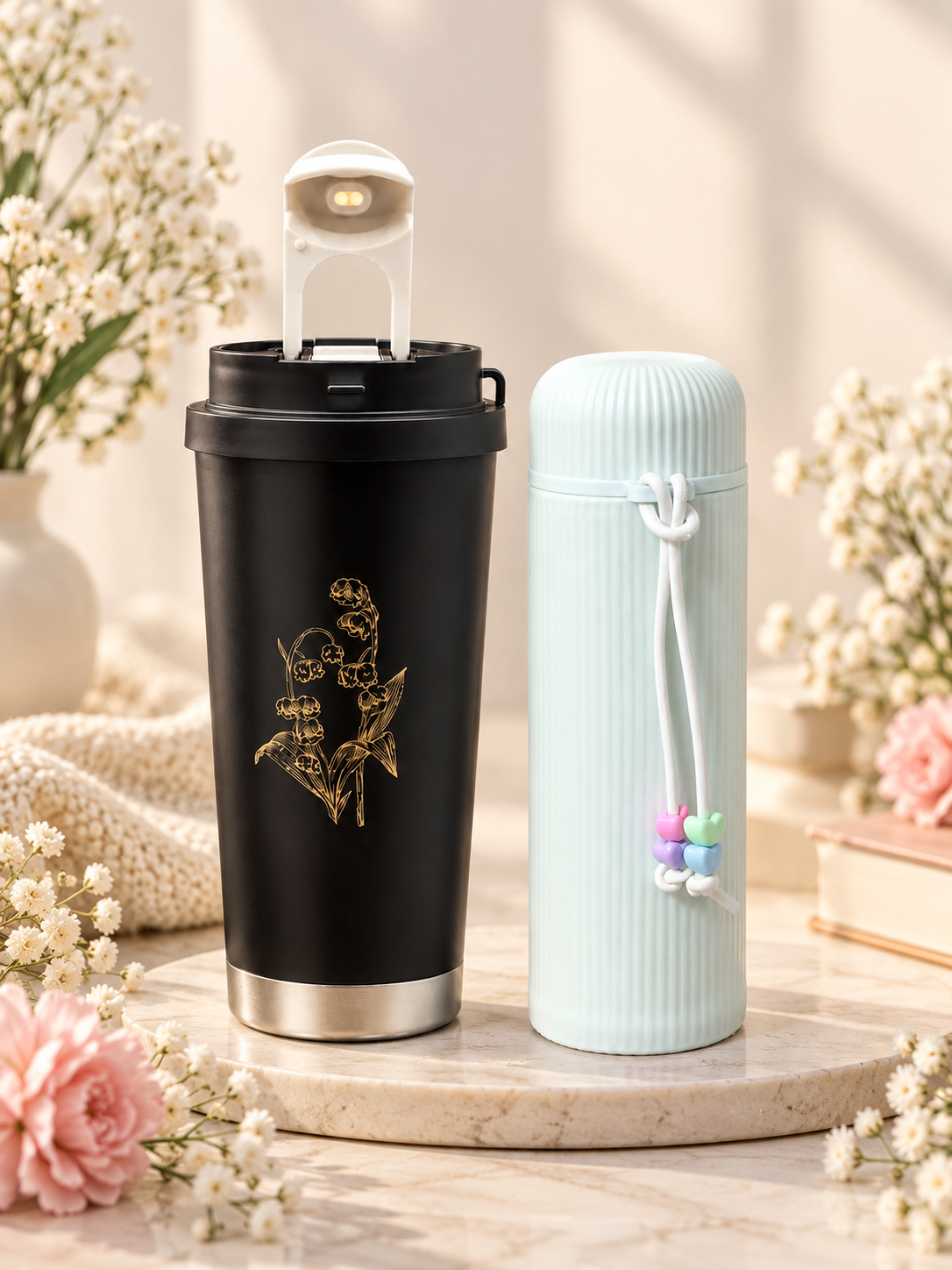 Black tumbler & White flask