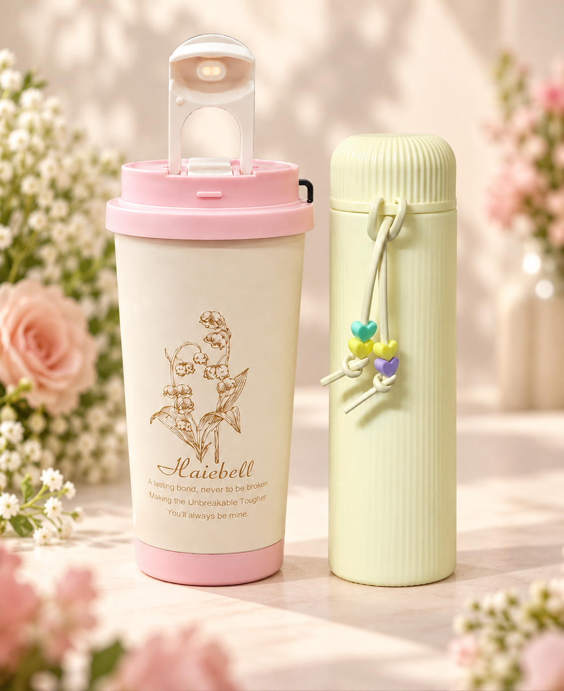 Pink tumbler & Cream flask