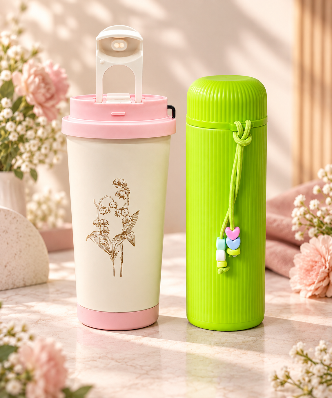 Pink tumbler & Green flask