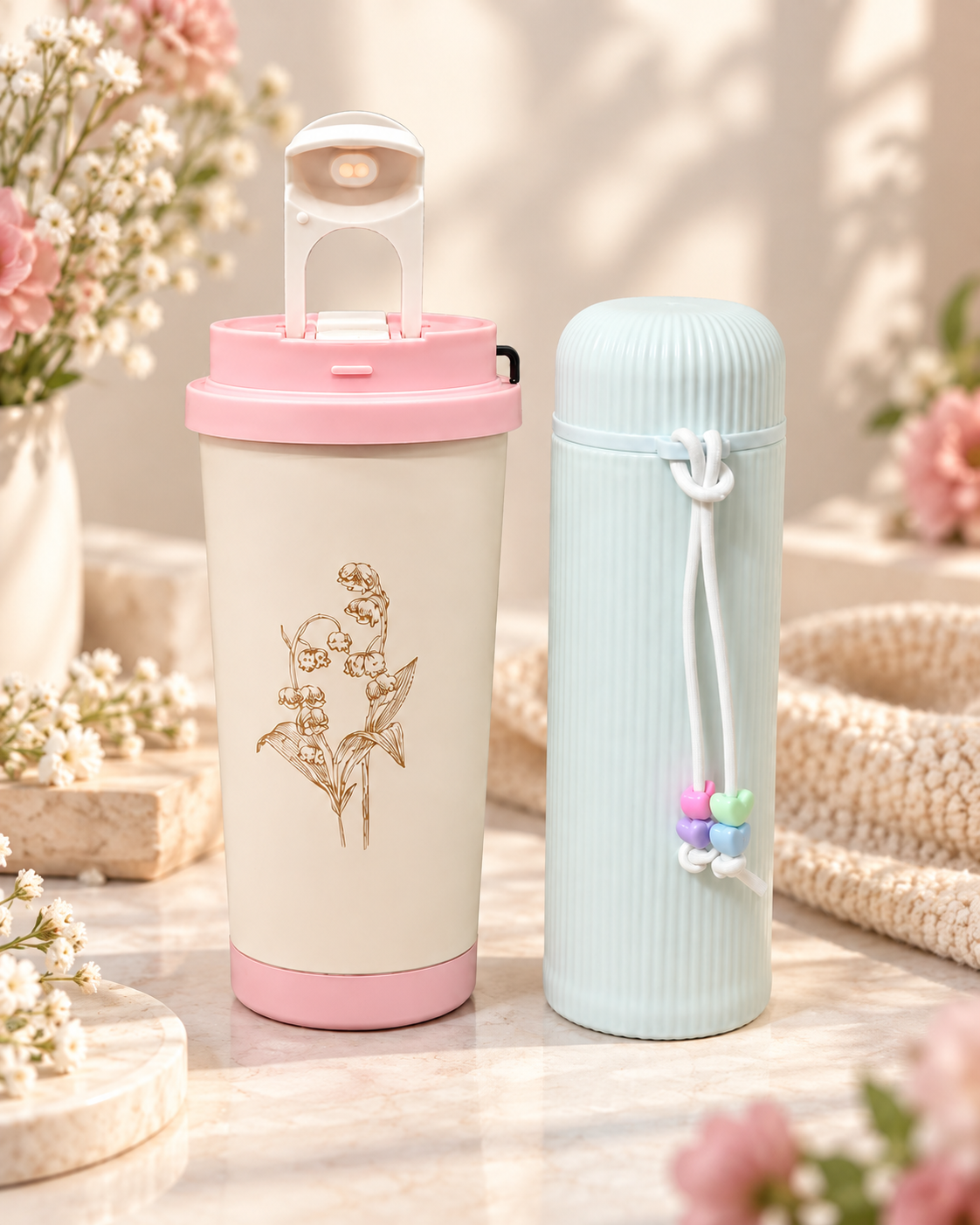 Pink tumbler & White flask