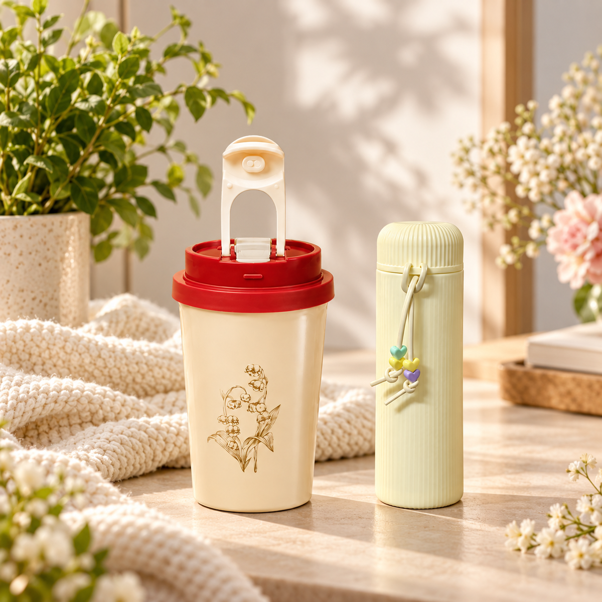 Red tumbler & Cream flask