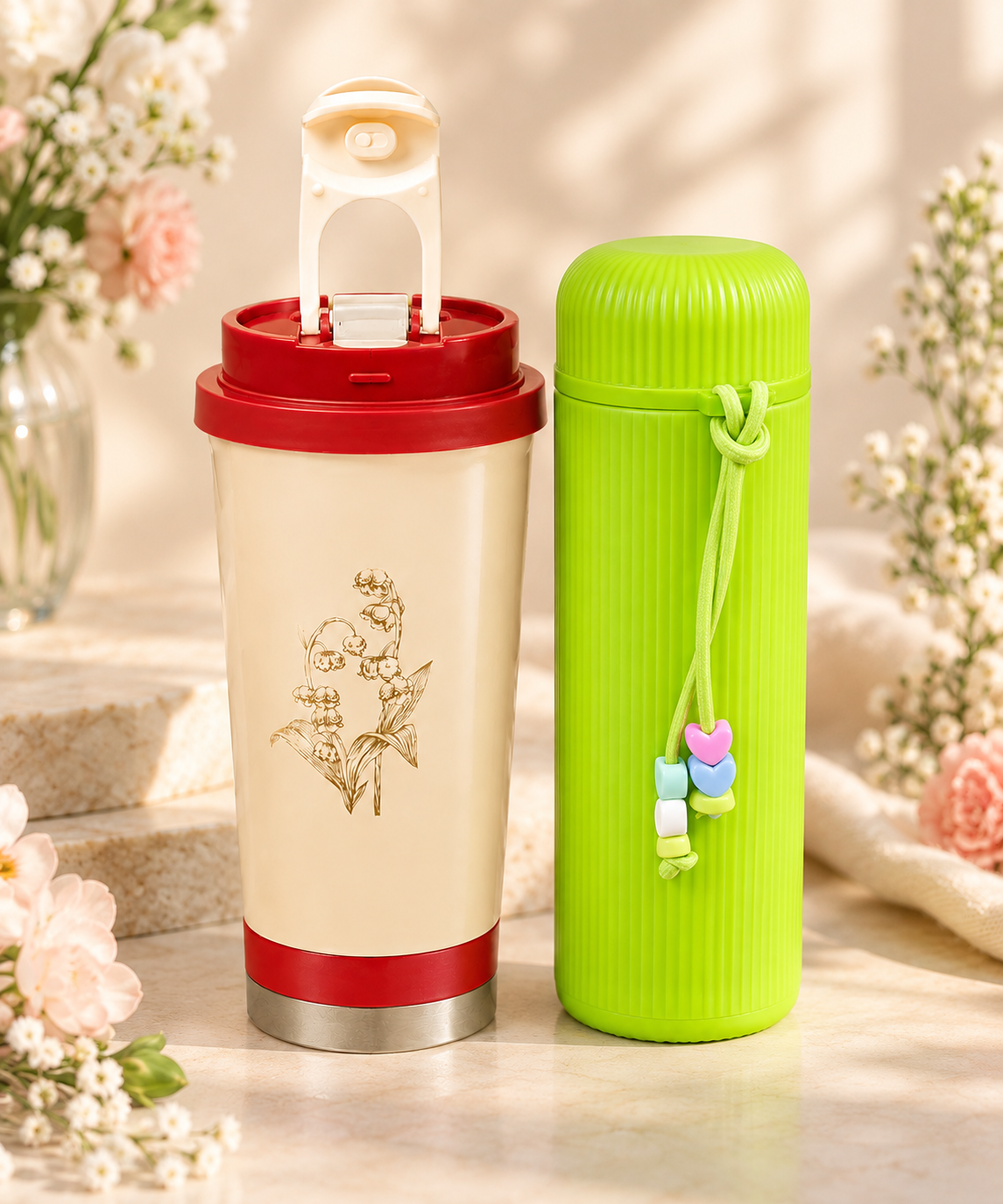 Red tumbler & Green flask
