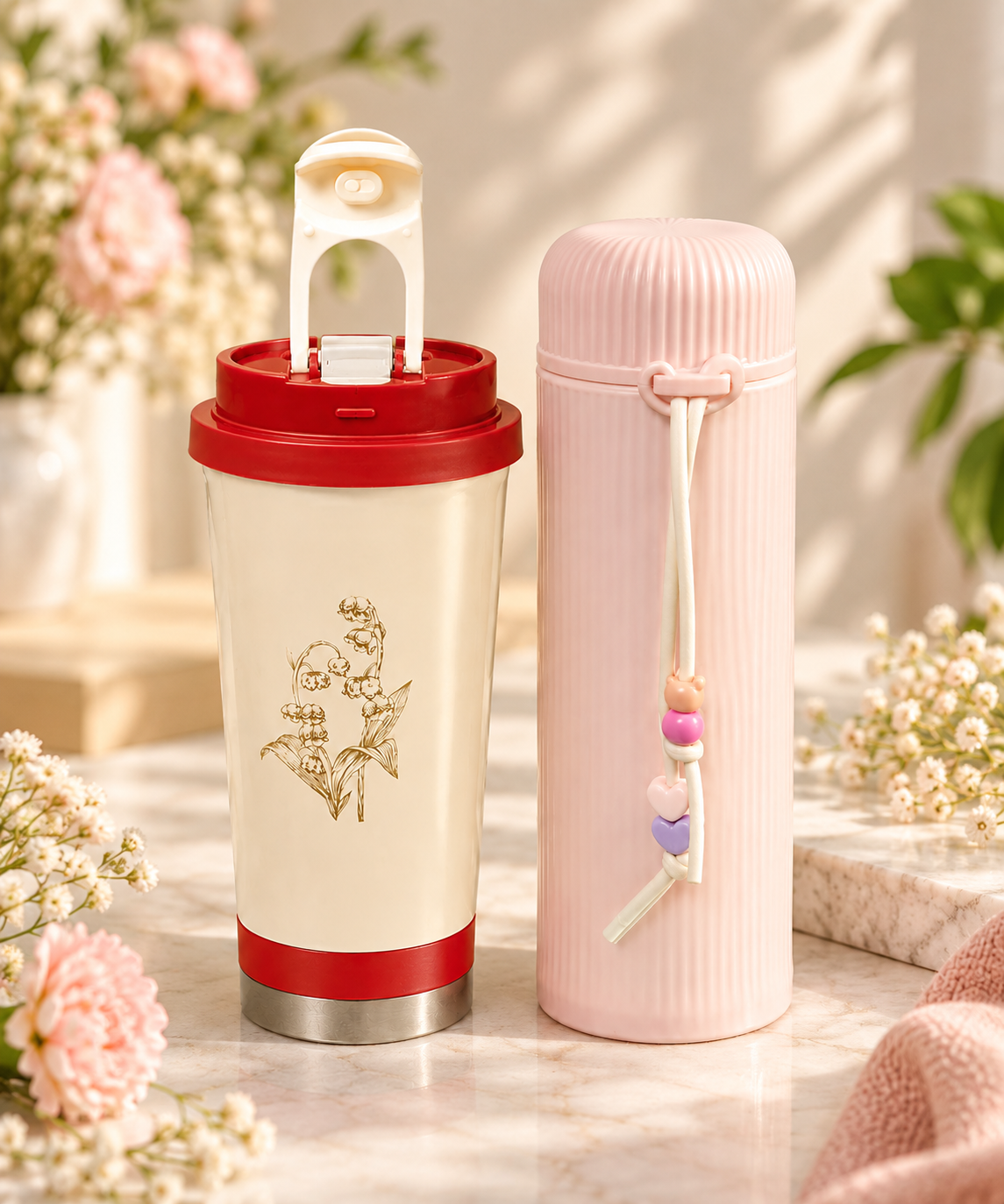 Red tumbler & Pink flask