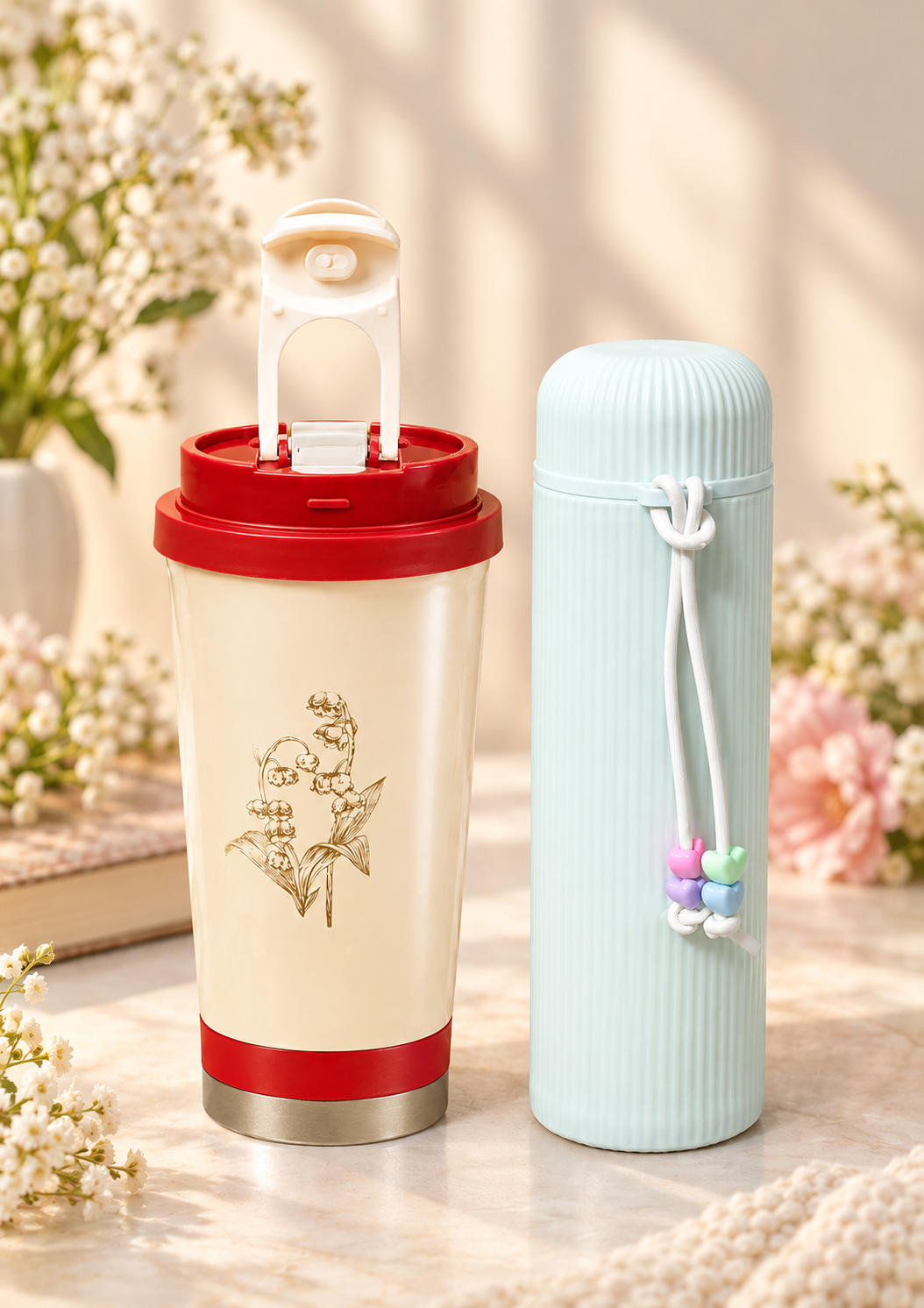 Red tumbler & White flask
