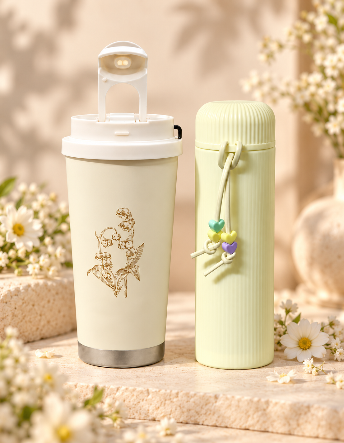 White tumbler & Cream flask