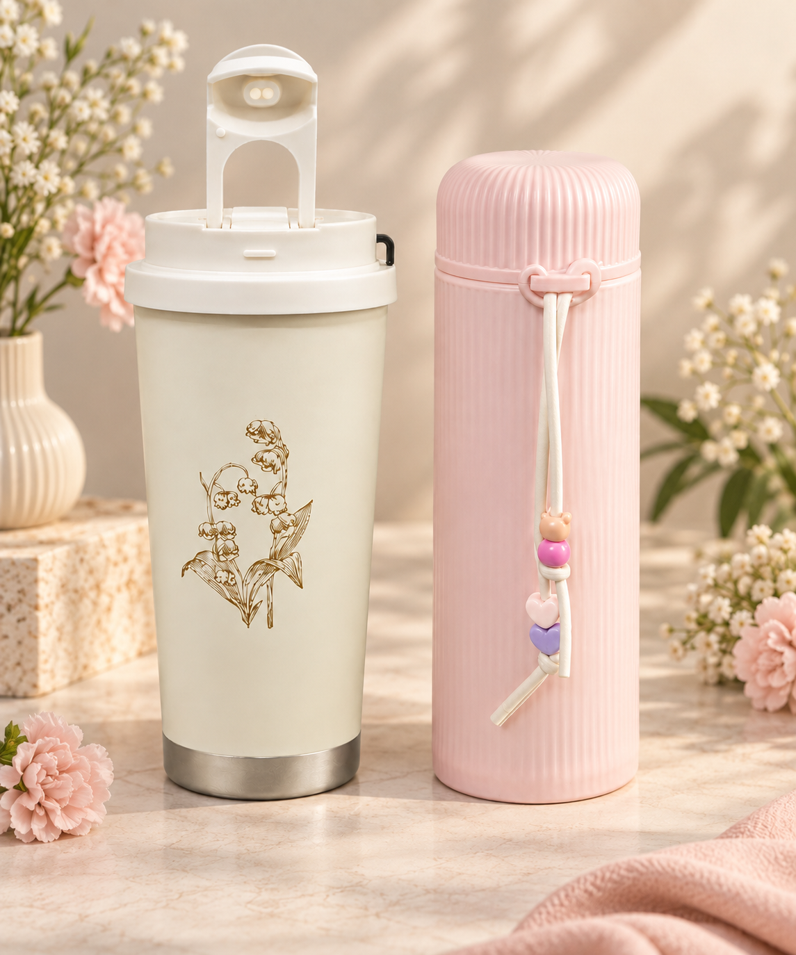 White tumbler & Pink flask